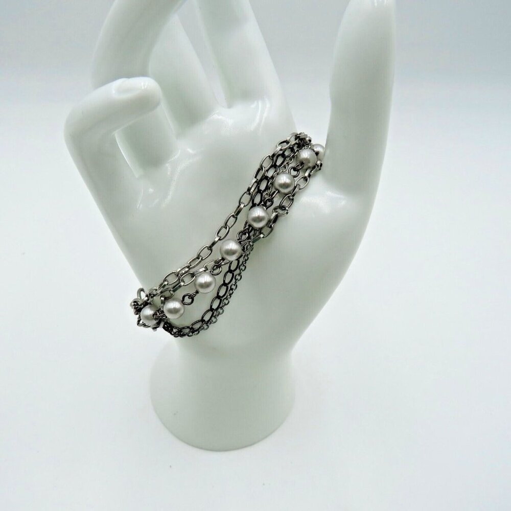 Cookie Lee Bracelet 8" Silver Tone‎ Chain Imitation Pearl Beads Multi Strand